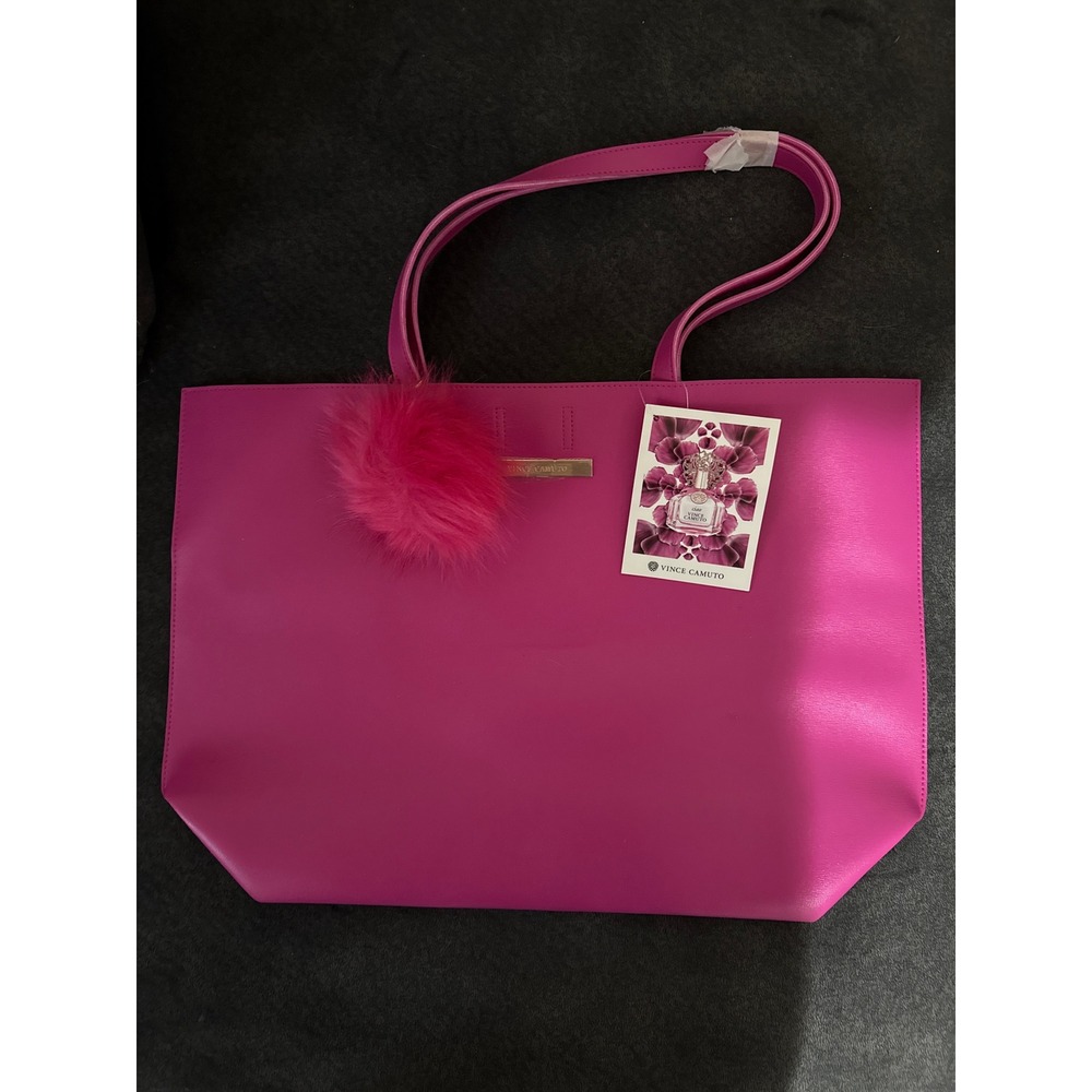 Vince Camuto Ciao Fuchsia Pink Tote Bag Large Faux Leather‎ Floral Pom Pom NWT